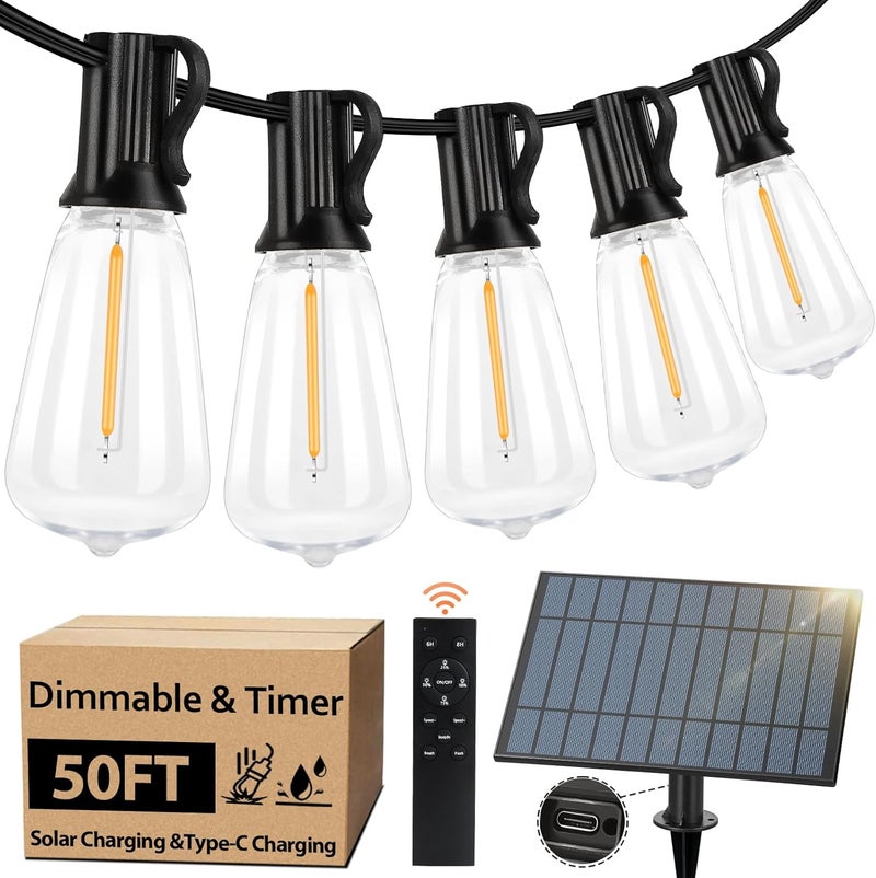 Bosceos 50 FT Solar String Lights for Outside, Solar Powered Outdoor String Lights, Dimmable Patio Lights with Remote Timer, 3 Lighting Modes Hanging Lights Waterproof for Christmas Wedding Tents - Image 1